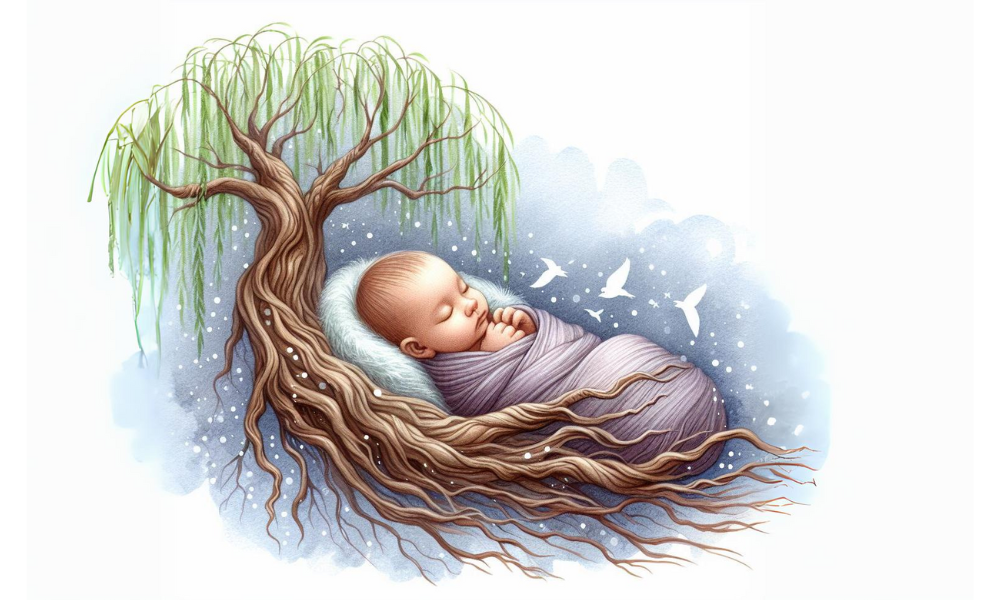 Illustration of a swaddled babay sleeping in the roots of a willow tree